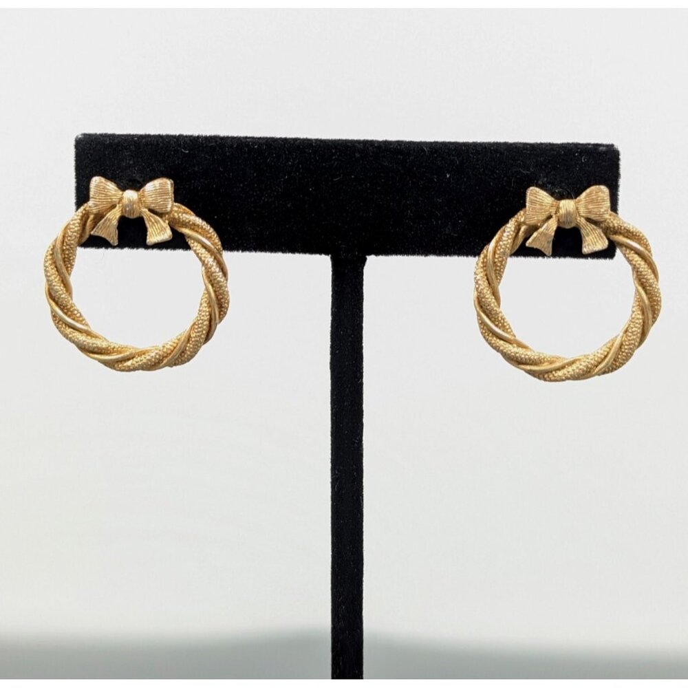 Vintage Christmas Hoop Earrings‎ Gold Tone Rope Hoop Bow Pierced